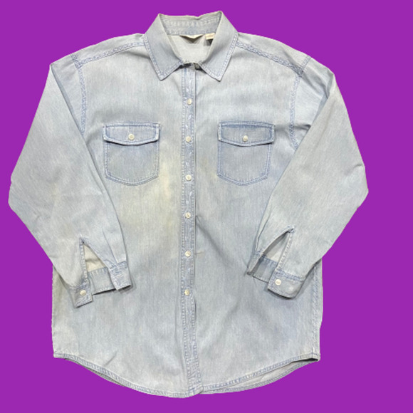 J. Jill Blue Denim Embroidered Button Down Cotton Shirt Women's Size Medium - Picture 1 of 11